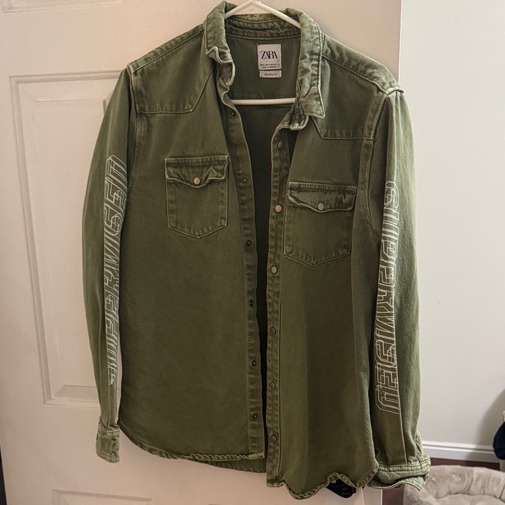 Zara Men's Olive Green Denim Shirt Jacket
